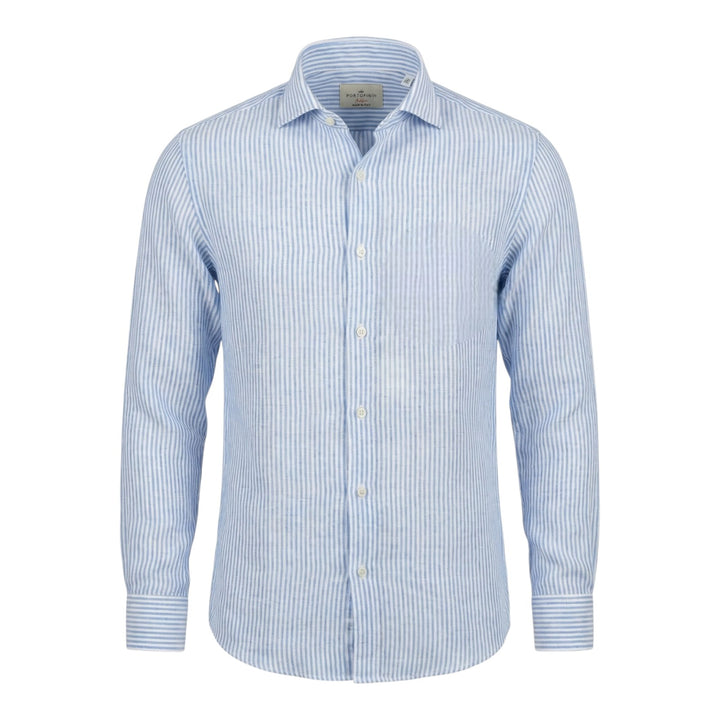 Camisa de Manga Comprida Custom Fit 100% Linho Às Riscas Celeste-Branco Washed