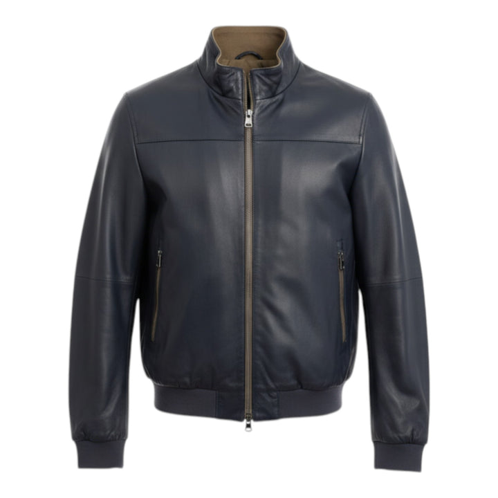 Blusão em Pele Verdadeira Reversível Nylon Azul Marinho-Militar