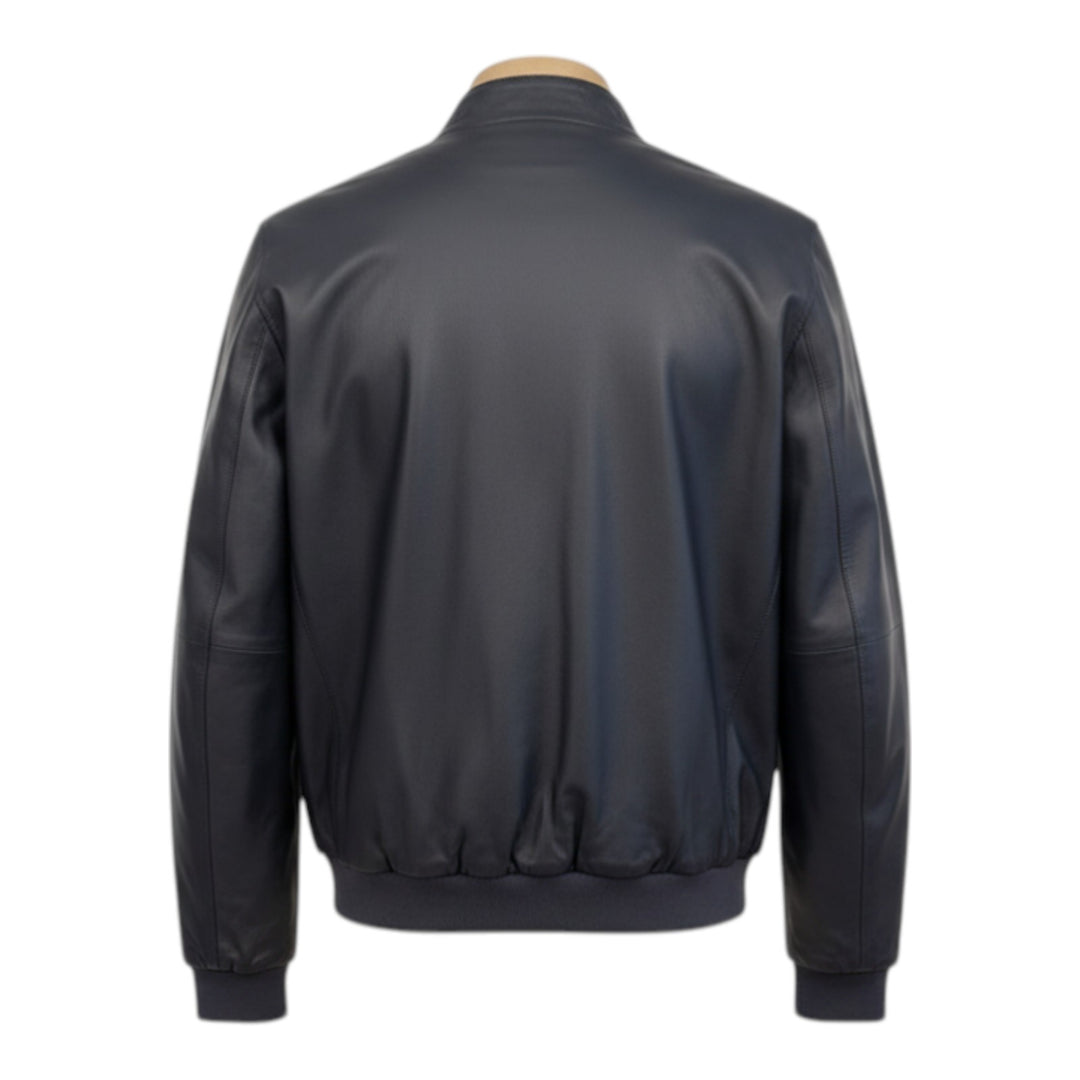 Blusão em Pele Verdadeira Reversível Nylon Azul Marinho-Militar