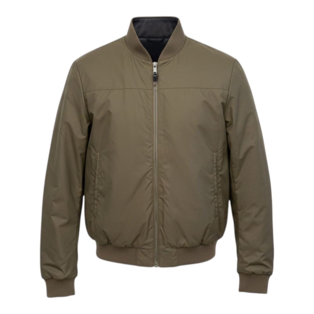 Blusão em Pele Verdadeira Reversível Nylon Castanho Escuro-Militar